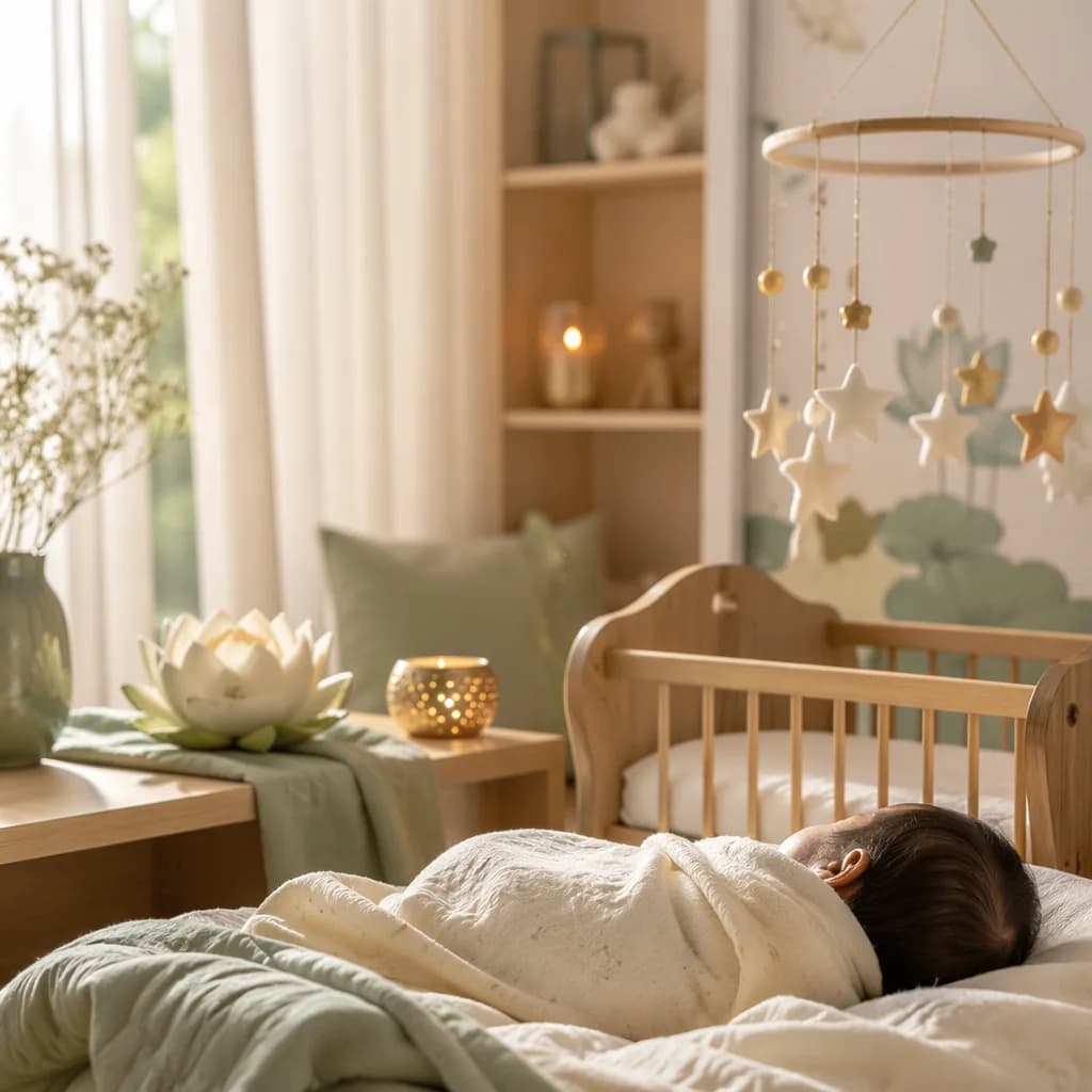 A peaceful swaddled baby in a soft pastel nursery with stars and lotus details.