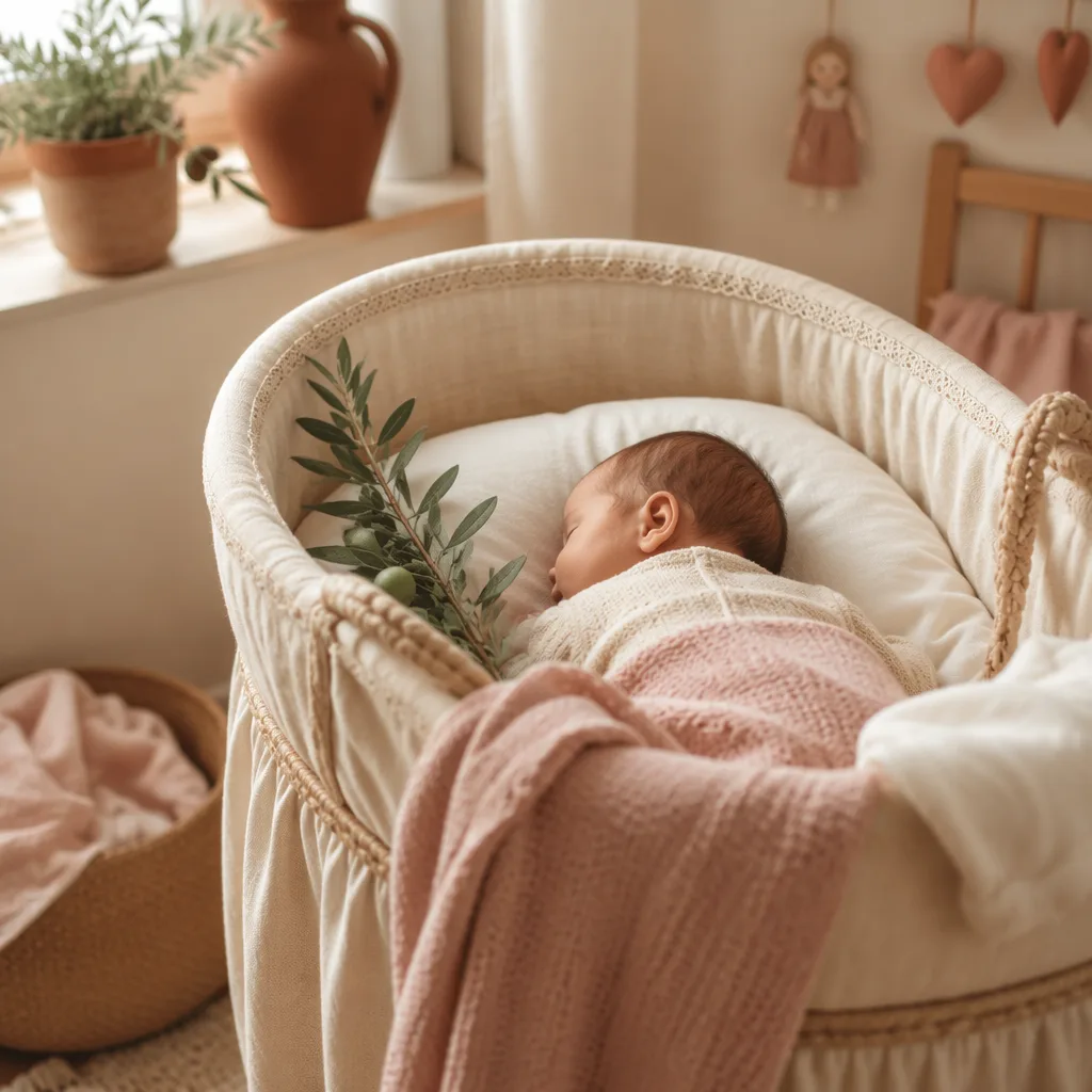 Sleeping baby in a soft Italian-inspired nursery with olive branch and pastel accents.