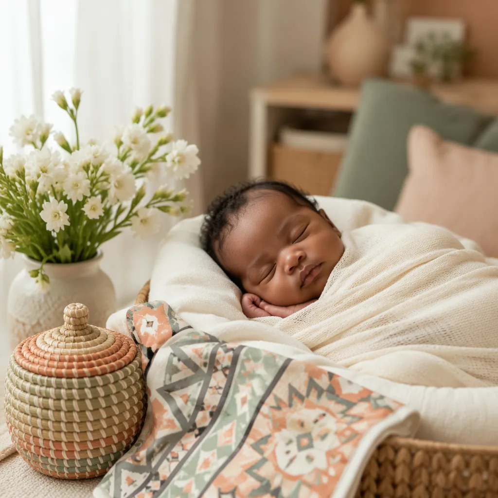 Sleeping newborn in a soft Yoruba-inspired nursery with warm natural light.
