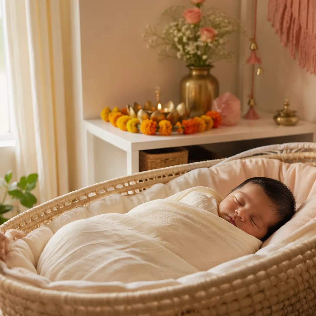 Sleeping newborn in a warm pastel nursery with subtle Indian-inspired auspicious decor.