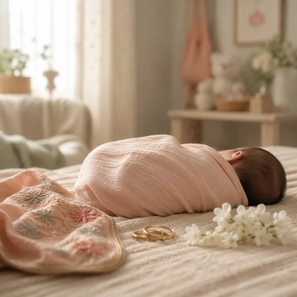 A softly lit Punjabi-inspired nursery scene with a swaddled sleeping baby and delicate keepsakes.