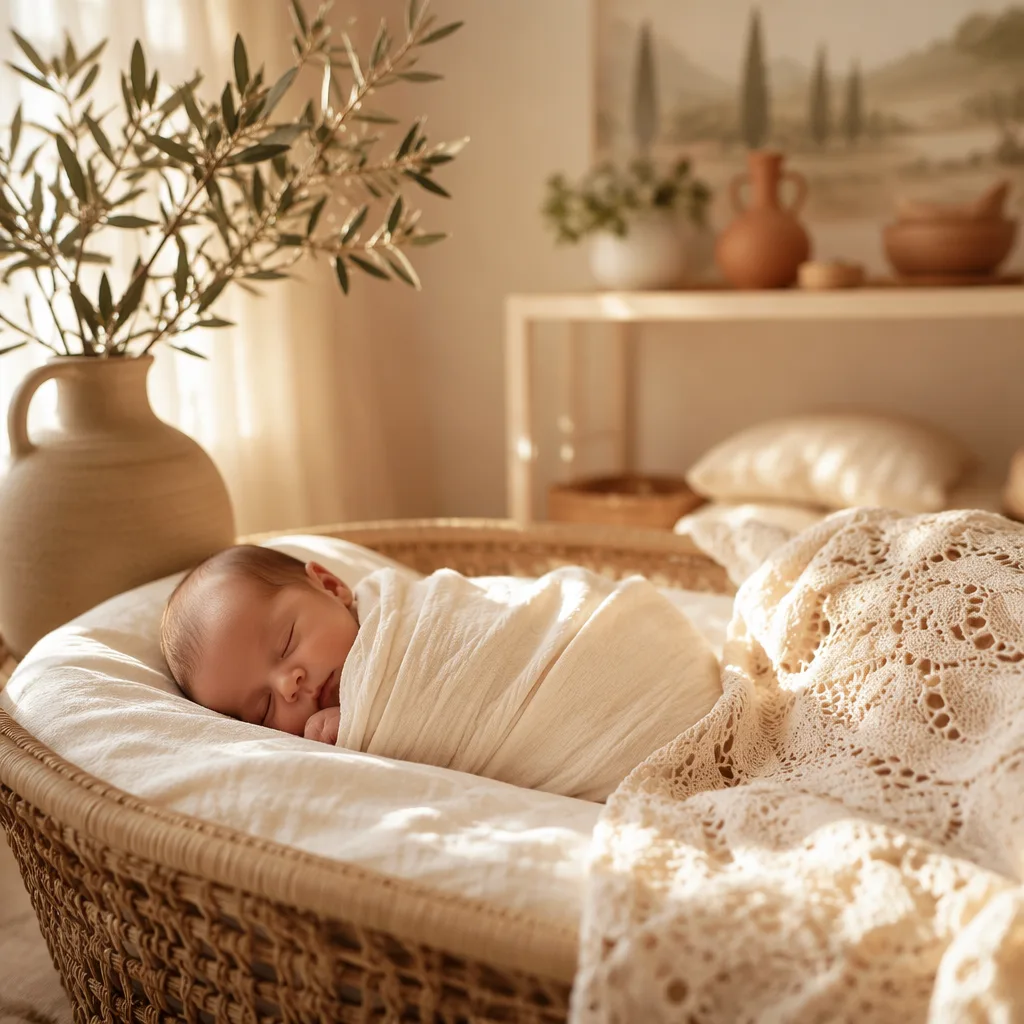 Sleeping baby in a warm Italian-inspired nursery with soft linens and olive branches.