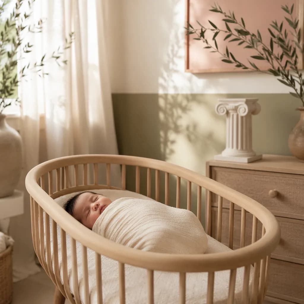 Peaceful Greek-inspired nursery scene with a swaddled baby, olive branches, and soft pastel decor.