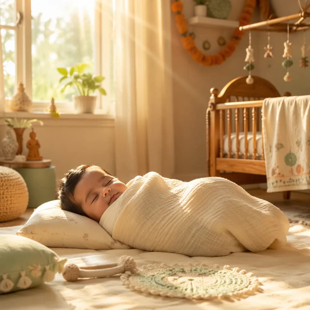 A peaceful baby in a cozy nursery bathed in warm golden sunlight.