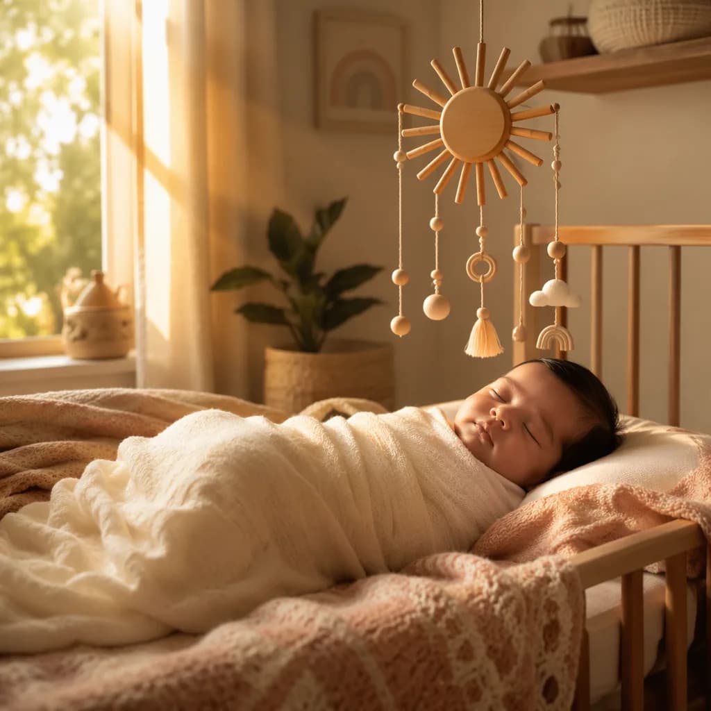 A softly lit nursery with a swaddled baby and warm sunbeam accents.