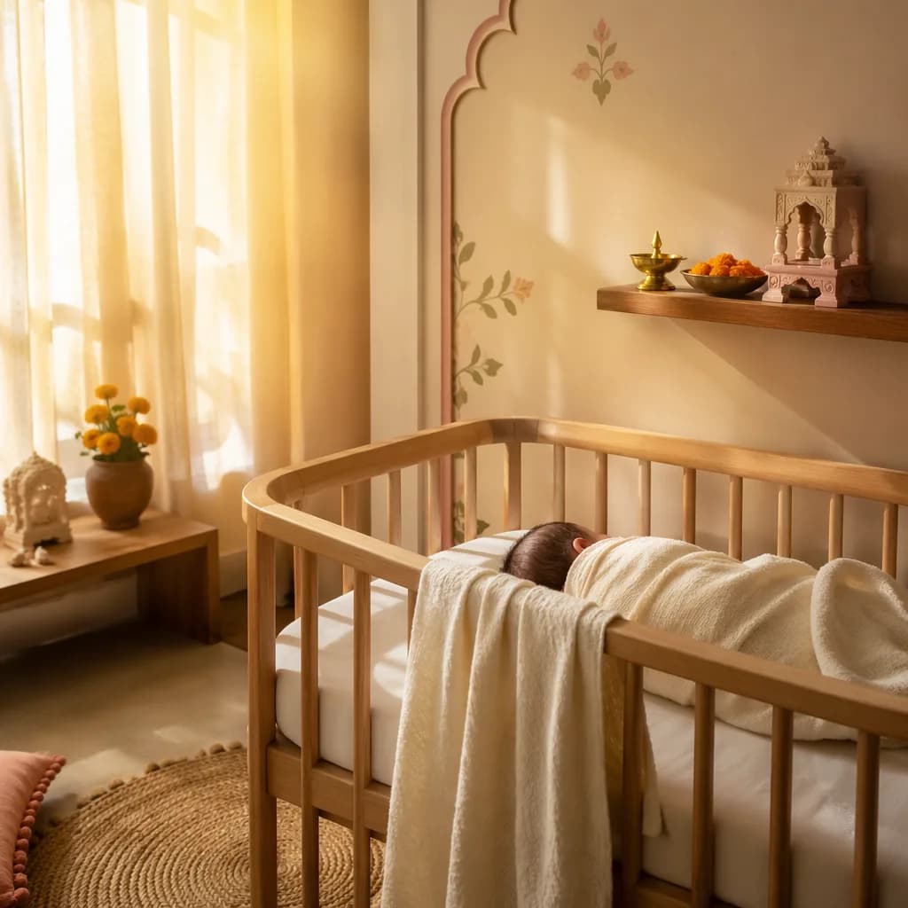 Sleeping baby in a sunlit pastel nursery with warm Indian-inspired decor.