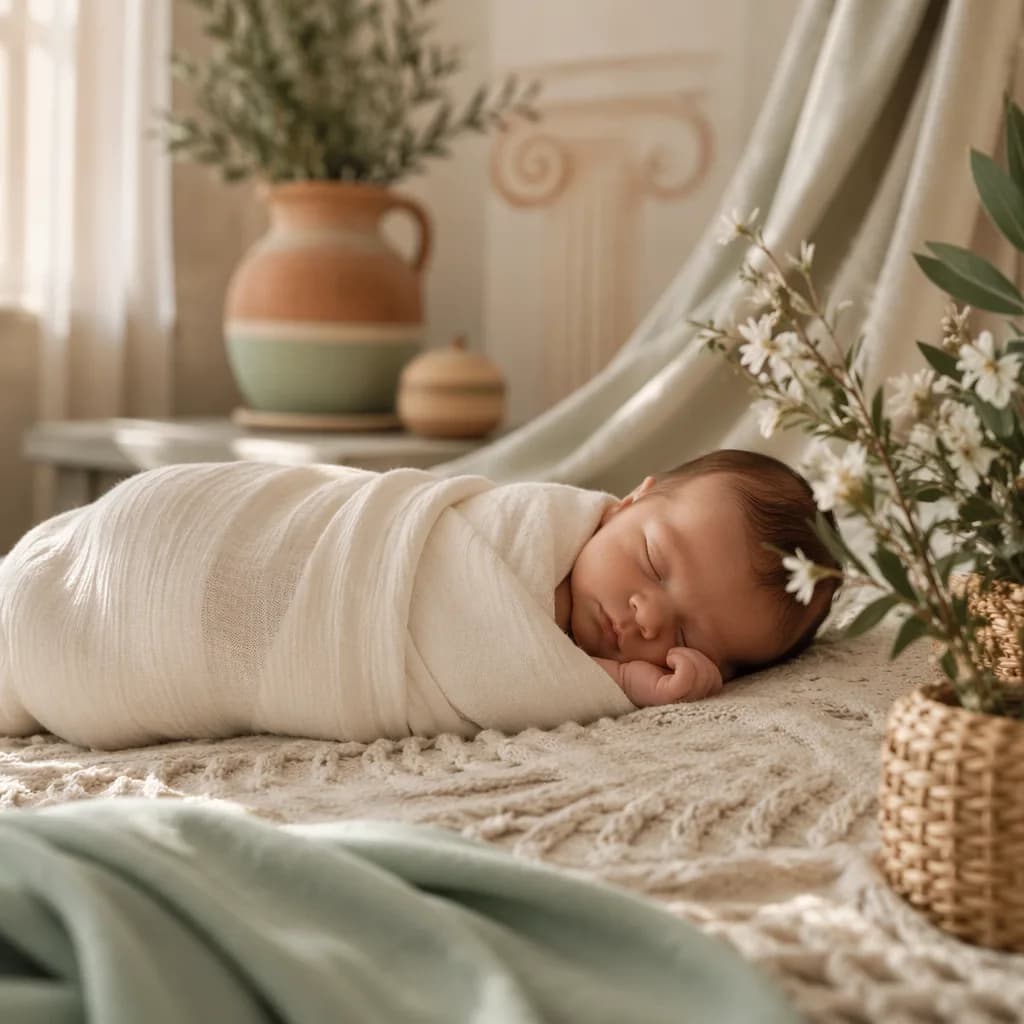Sleeping baby in a cozy Greek-inspired nursery with olive branches and soft flowers.