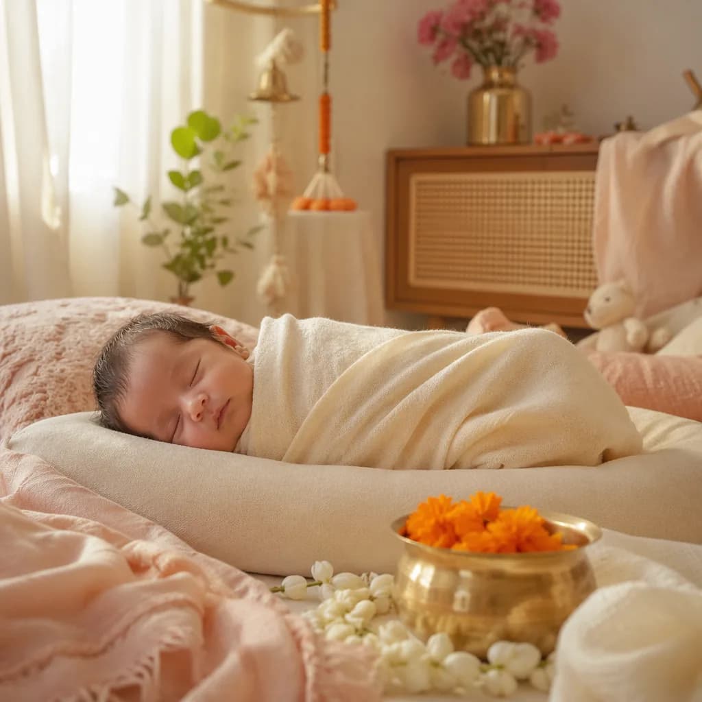 A softly lit cozy nursery with a swaddled newborn and gentle Indian-inspired blessing details.