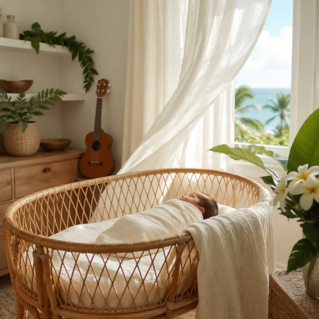 Soft Hawaiian-inspired nursery with a sleeping swaddled baby, flowers, greenery, and a ukulele.