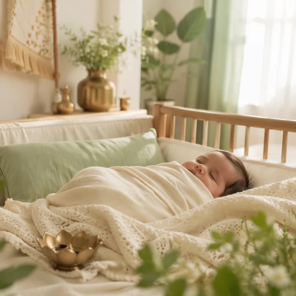 Sleeping swaddled baby in a warm pastel nursery with subtle Sanskrit-inspired decor.