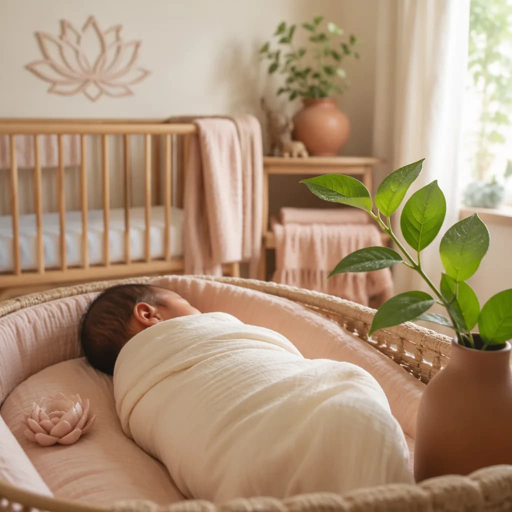 A serene pastel nursery with a swaddled non-identifiable baby, lotus accents, leaves, and warm natural light.