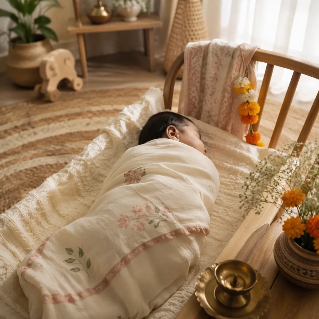 A softly lit nursery with a swaddled sleeping baby and gentle Indian-inspired decor.