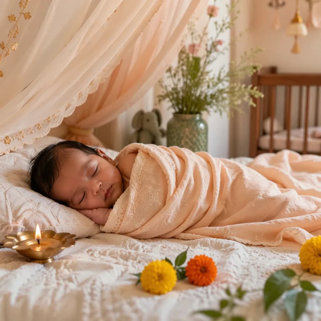 Sleeping baby in a soft pastel nursery with gentle Indian-inspired floral and fairy-like details