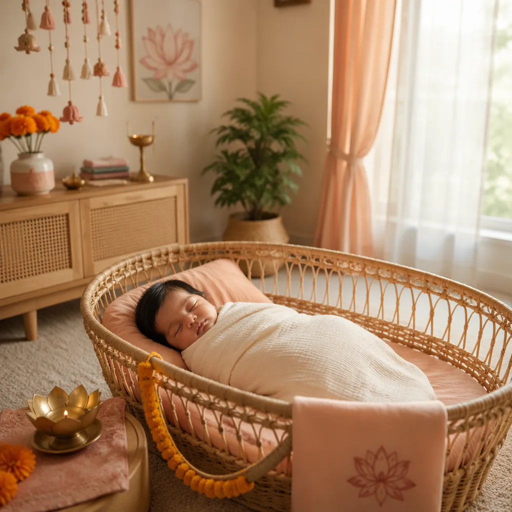 A peaceful pastel nursery with a swaddled sleeping baby and subtle Indian-inspired decor.