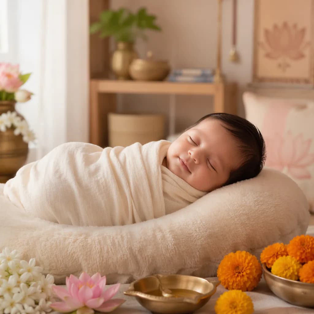 Peaceful swaddled newborn in a soft pastel nursery with lotus and floral Indian-inspired details.