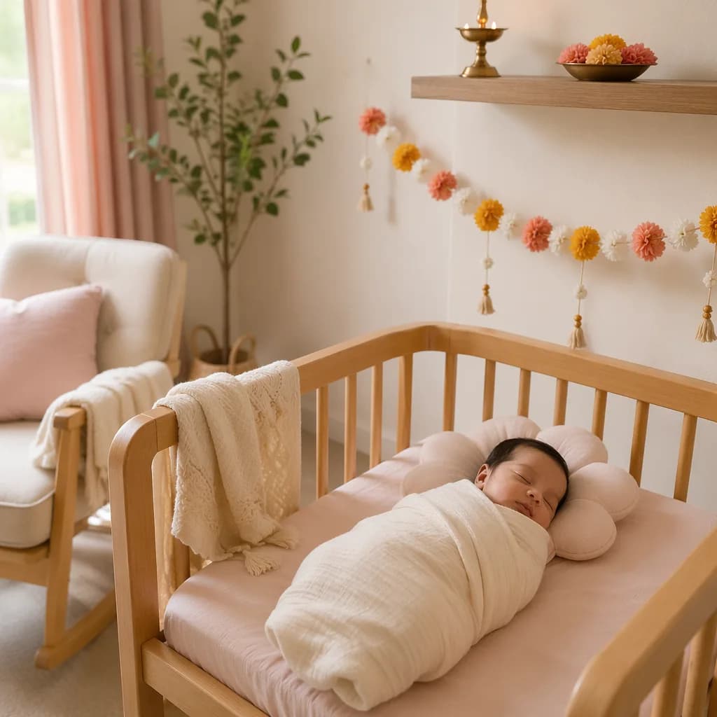 A peaceful swaddled baby in a softly lit pastel nursery with subtle Indian-inspired decor.