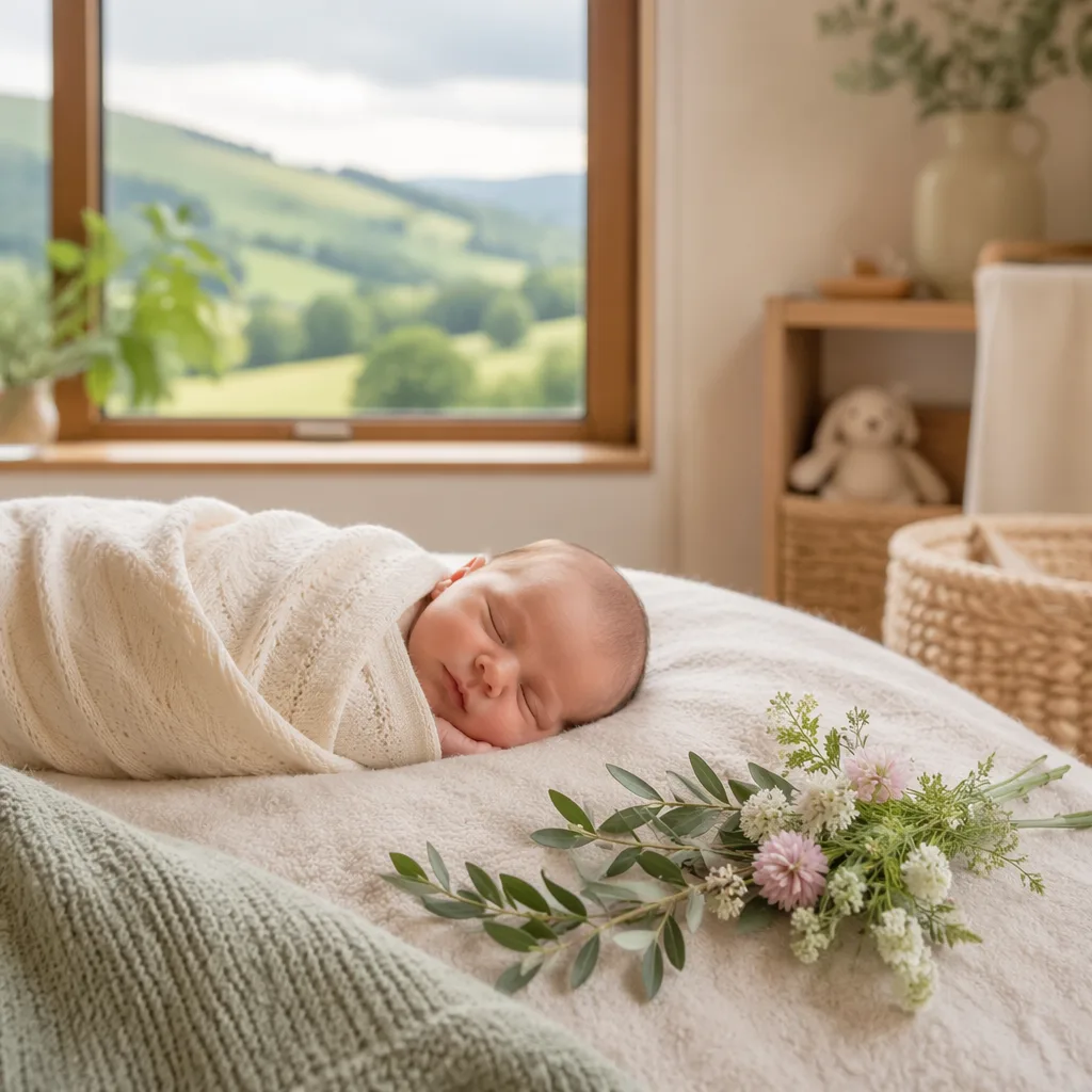 Sleeping newborn in a soft Welsh-inspired nursery with laurel and wildflowers.