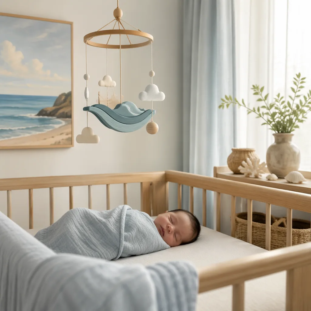 Soft Hawaiian-inspired nursery with a swaddled sleeping baby and gentle ocean-themed decor.