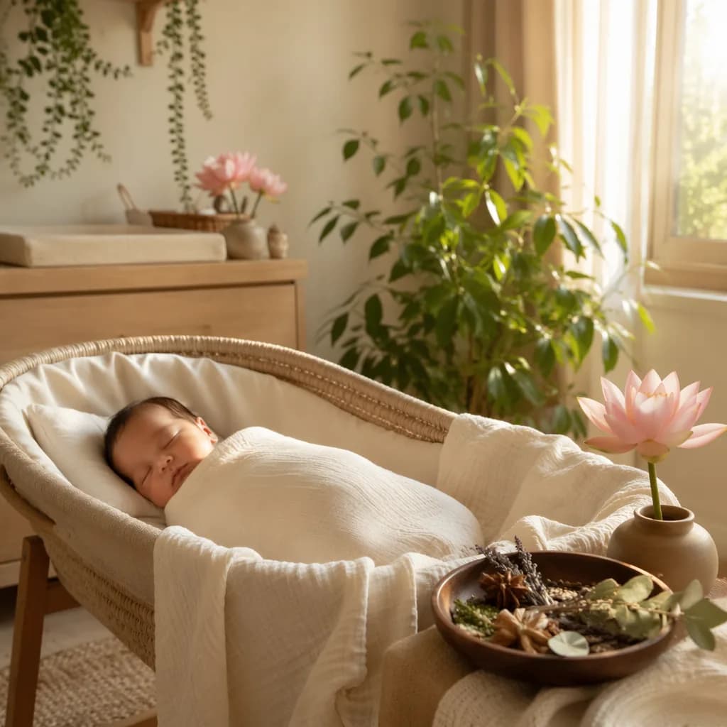 Serene pastel nursery with a swaddled sleeping baby, lotus flowers, herbs, and warm natural light.