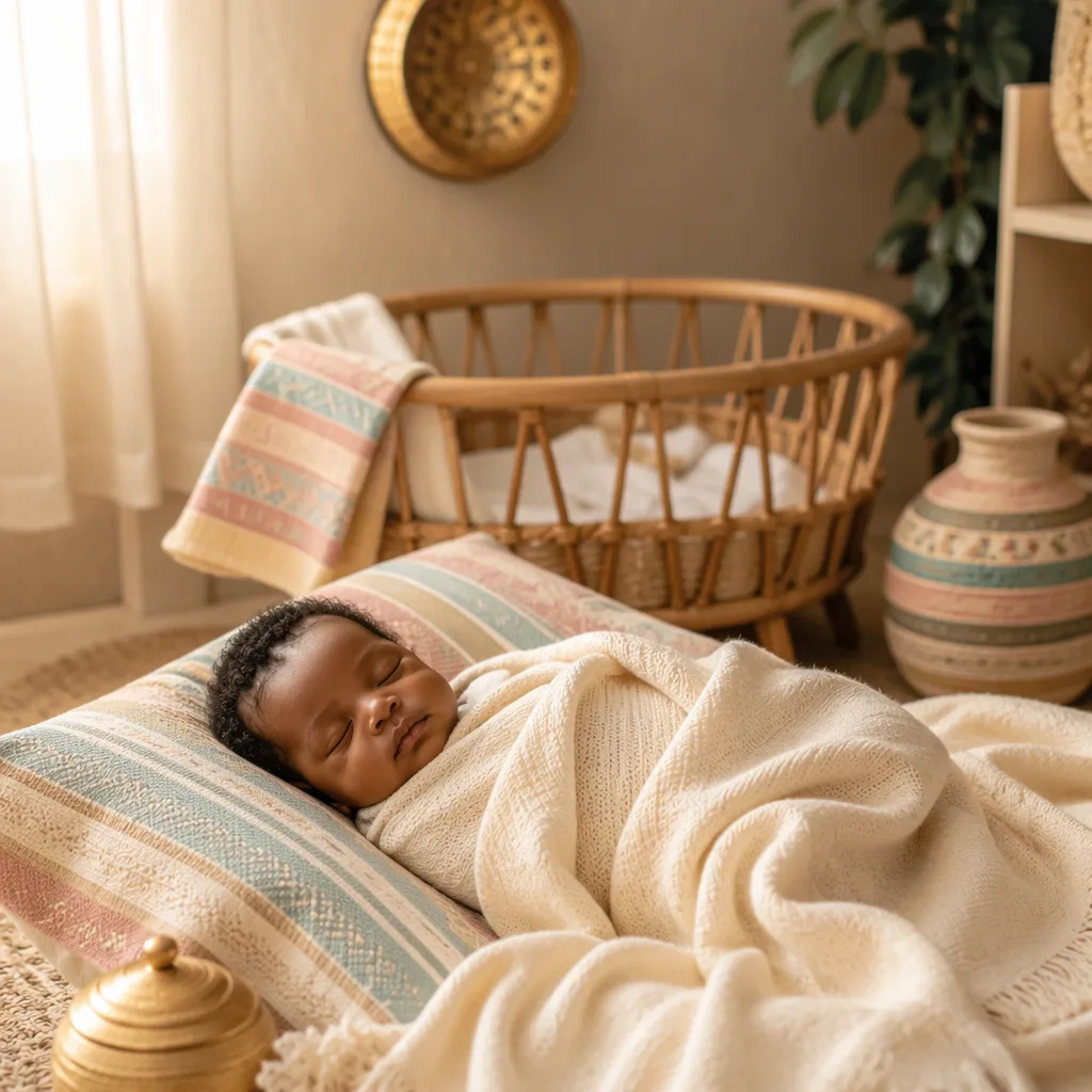 Sleeping newborn in a cozy nursery with soft Yoruba-inspired textiles and warm pastel light.