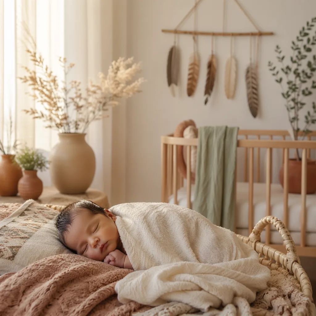 A peaceful sleeping baby in a soft, nature-inspired nursery with warm pastel earth tones.