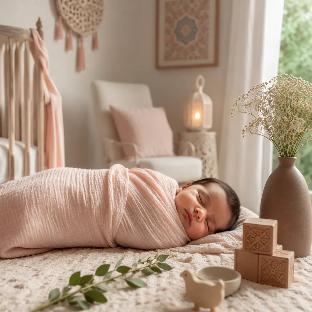 Soft pastel nursery with a sleeping swaddled baby and delicate henna-inspired details.