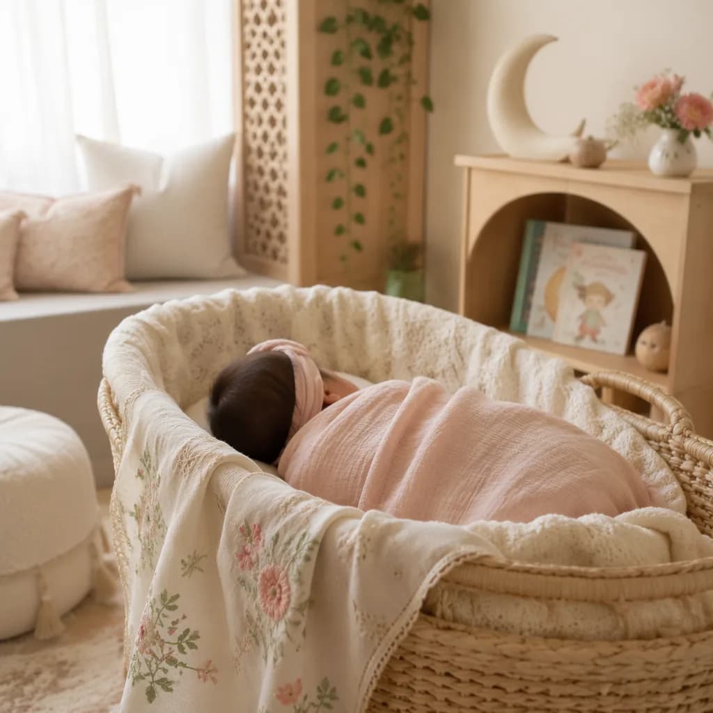 Soft pastel nursery with a swaddled baby in a bassinet and subtle Urdu-inspired decor.