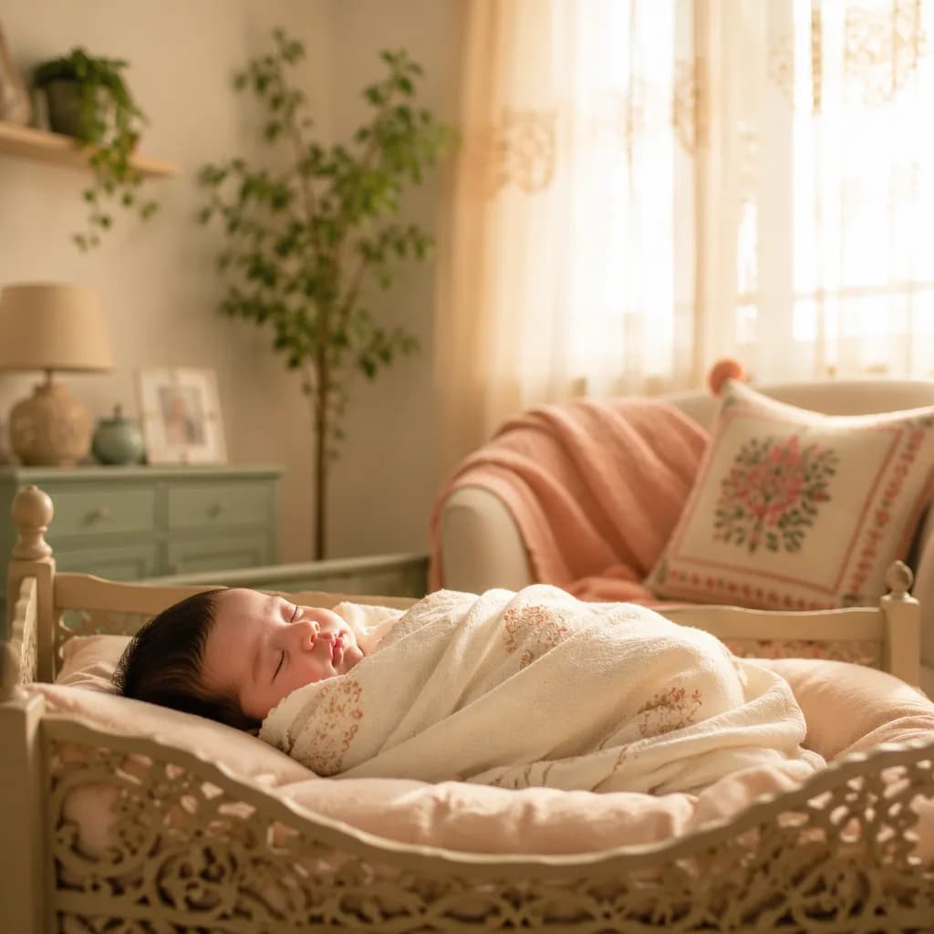 A softly lit cozy nursery with a swaddled sleeping baby and subtle South Asian decor.