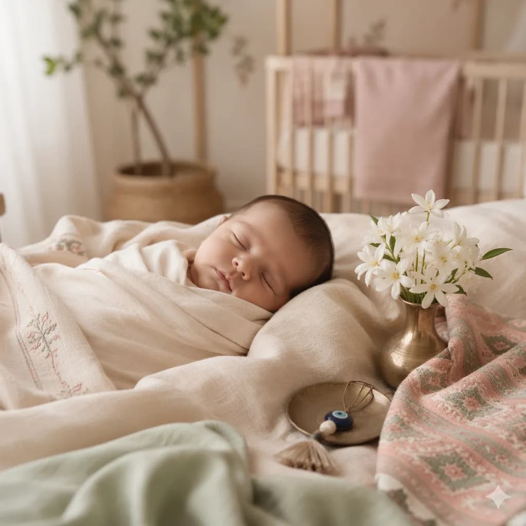 Sleeping newborn in a soft Persian-inspired nursery with jasmine and pastel accents.