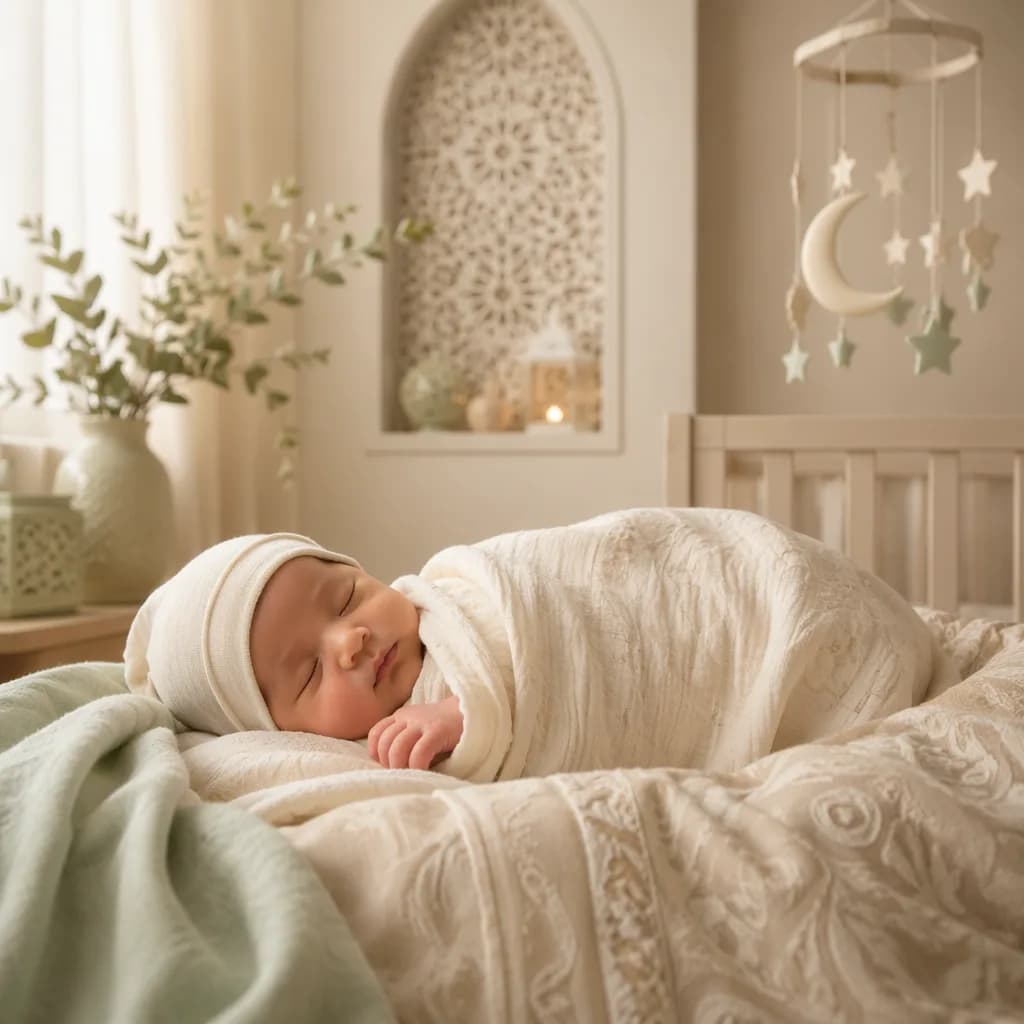 Sleeping newborn in a soft pastel Urdu-inspired nursery with warm natural light.