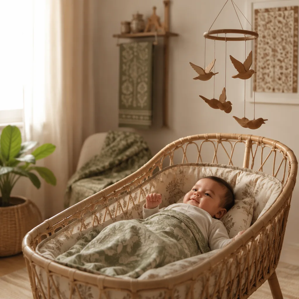Soft pastel Indonesian-inspired nursery with rattan bassinet and gentle baby decor