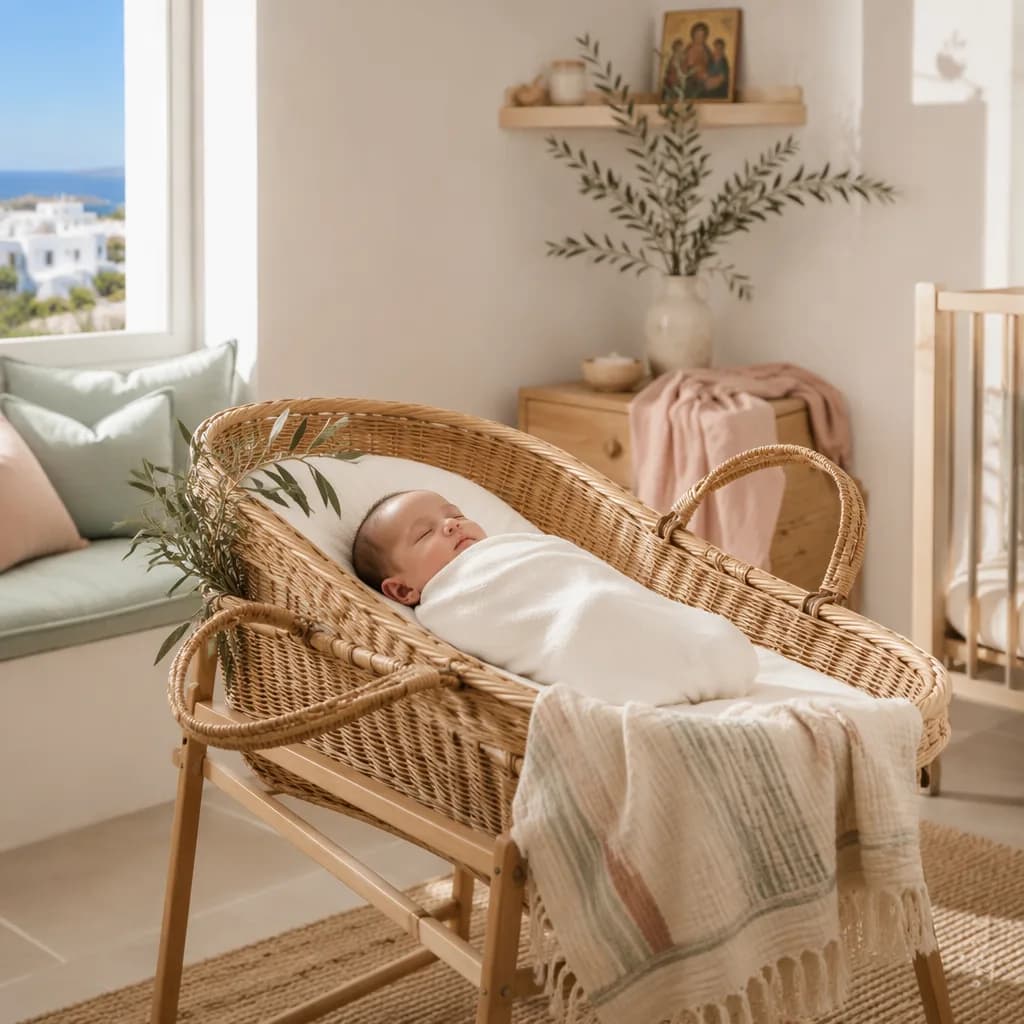 A peaceful Greek-inspired nursery with a swaddled sleeping baby, olive branch, and soft pastel decor.