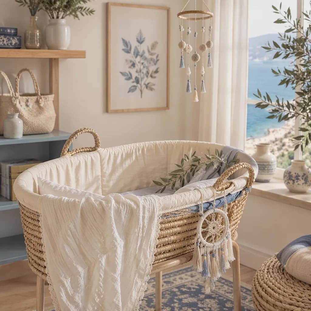 Soft Greek-inspired nursery still-life with bassinet, olive branches, and pastel blue accents.