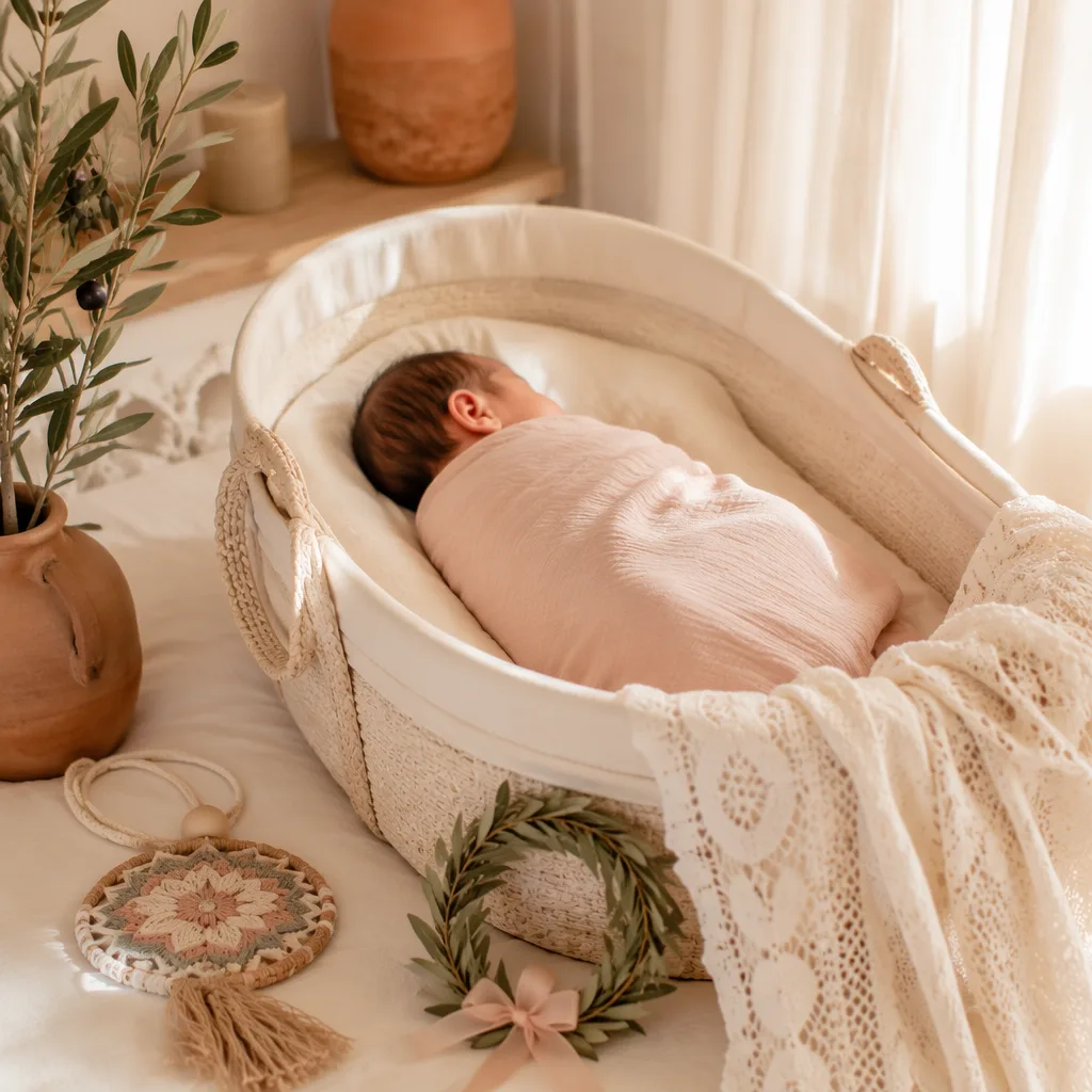 A softly lit Italian-inspired nursery with a swaddled newborn, olive branch, lace blanket, and tiny laurel wreath.