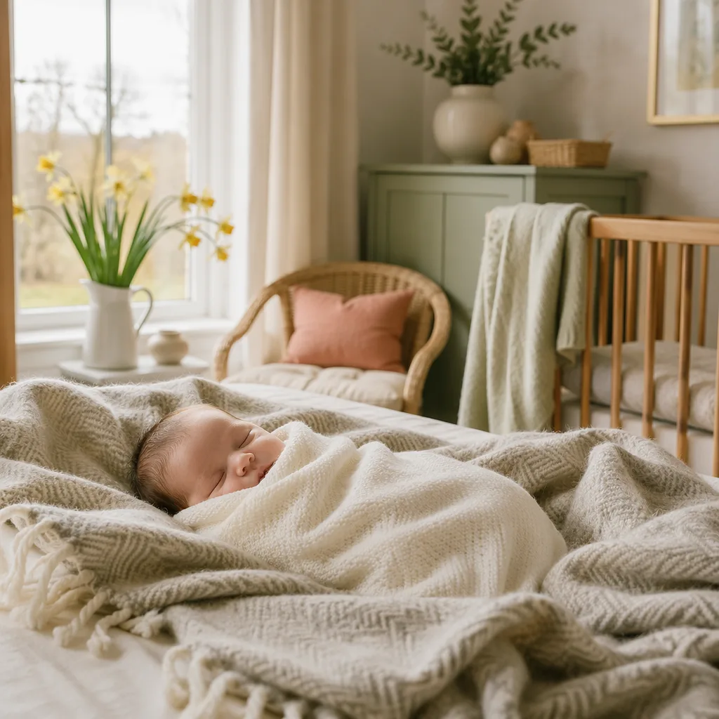 A peaceful Welsh-inspired nursery with a swaddled sleeping baby in soft ivory and silver tones.