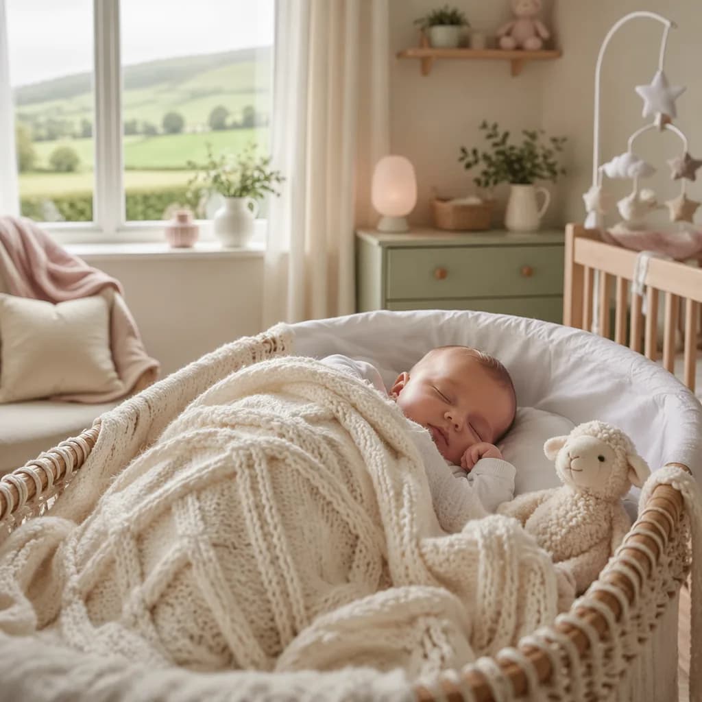 Soft pastel nursery with a sleeping baby in a creamy blanket and subtle silver-white Welsh-inspired accents
