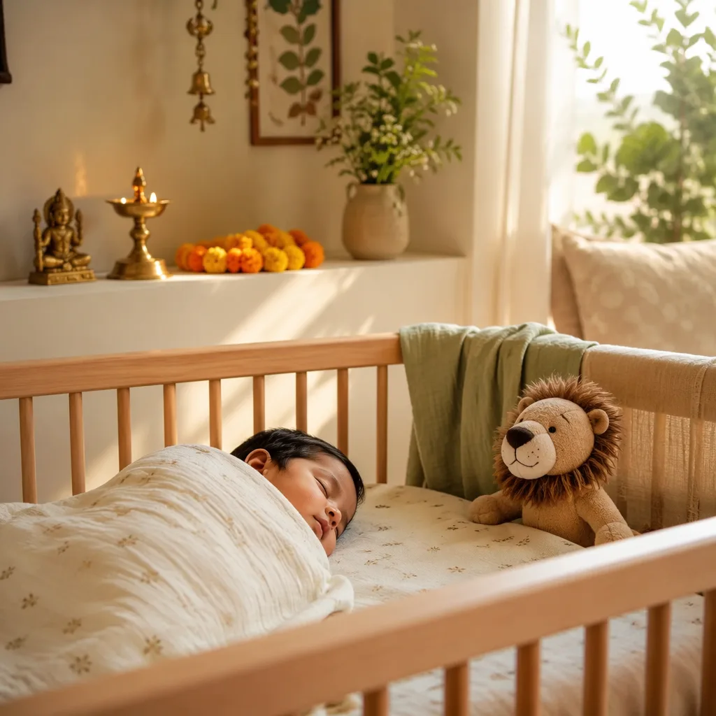 Peaceful Hindi-inspired nursery with a sleeping baby, soft pastels, marigolds, and a plush lion.