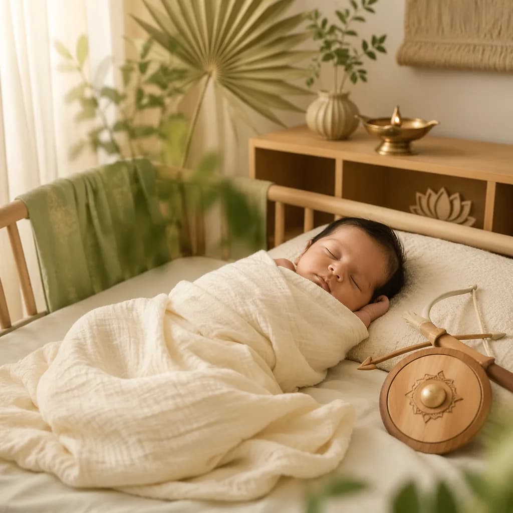 A serene pastel nursery with a sleeping baby and subtle Sanskrit-inspired decor symbolizing wisdom and courage.