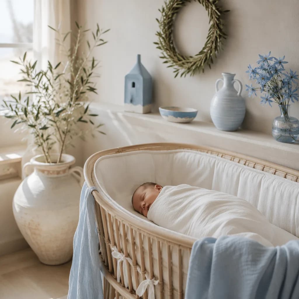 A peaceful nursery with a swaddled baby, olive branches, and soft blue floral accents.