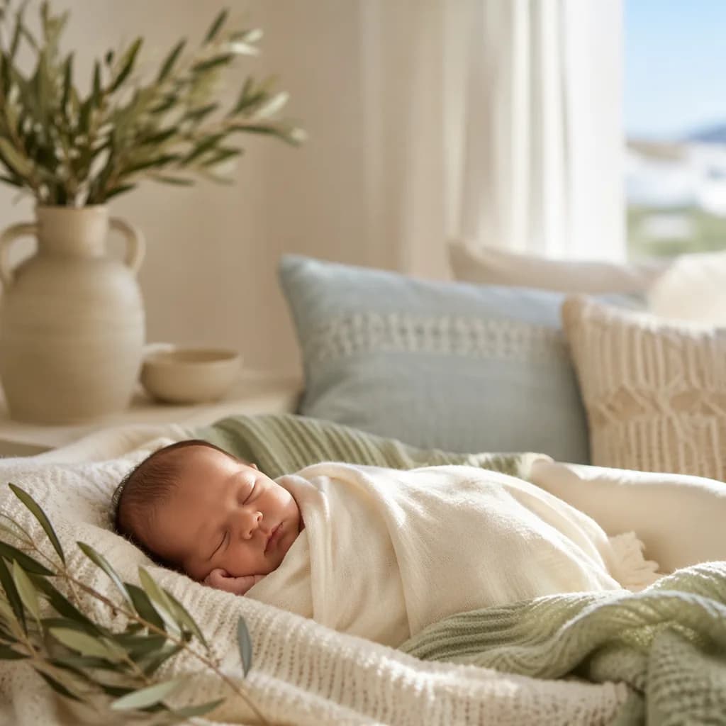 A peacefully sleeping newborn in a soft Greek-inspired nursery with olive branch details.