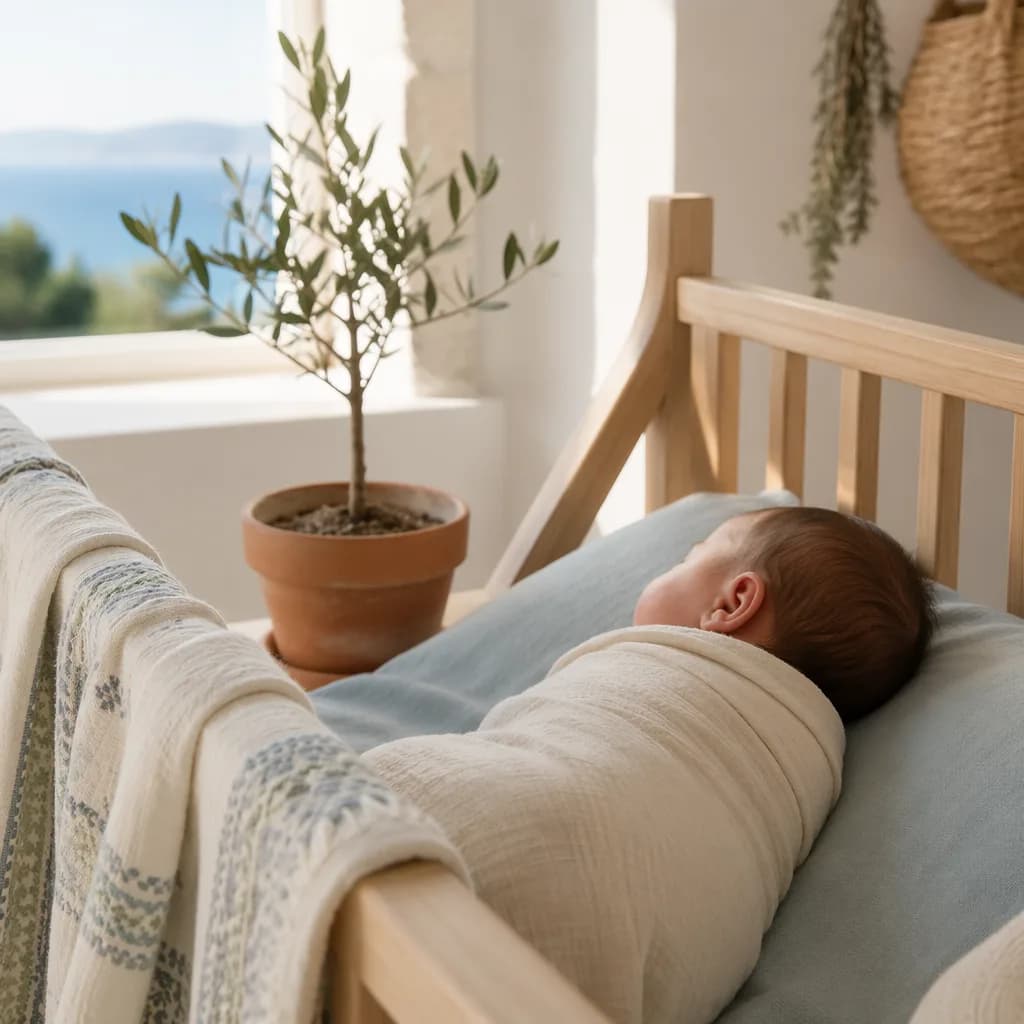 A peaceful Greek-inspired nursery with a swaddled newborn and a small olive sapling in soft natural light.