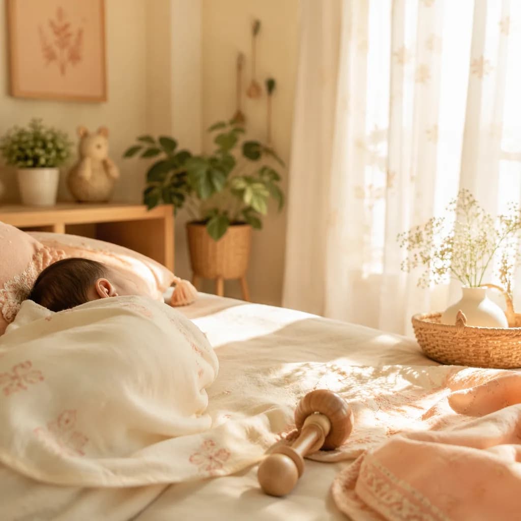Soft pastel nursery with a swaddled baby in gentle morning light.
