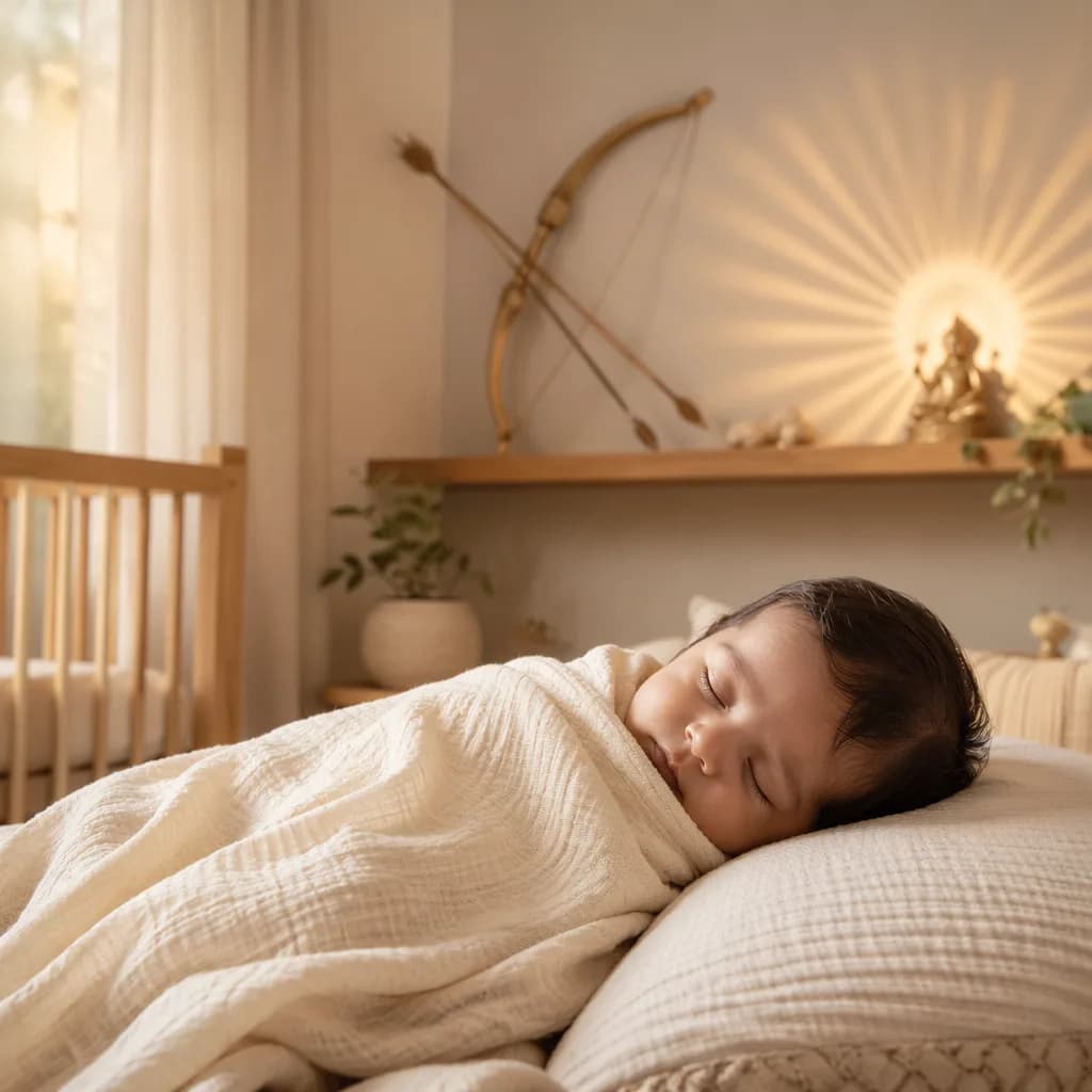 Sleeping baby in a warm pastel nursery with subtle heroic and divine accents for Arjun Dev