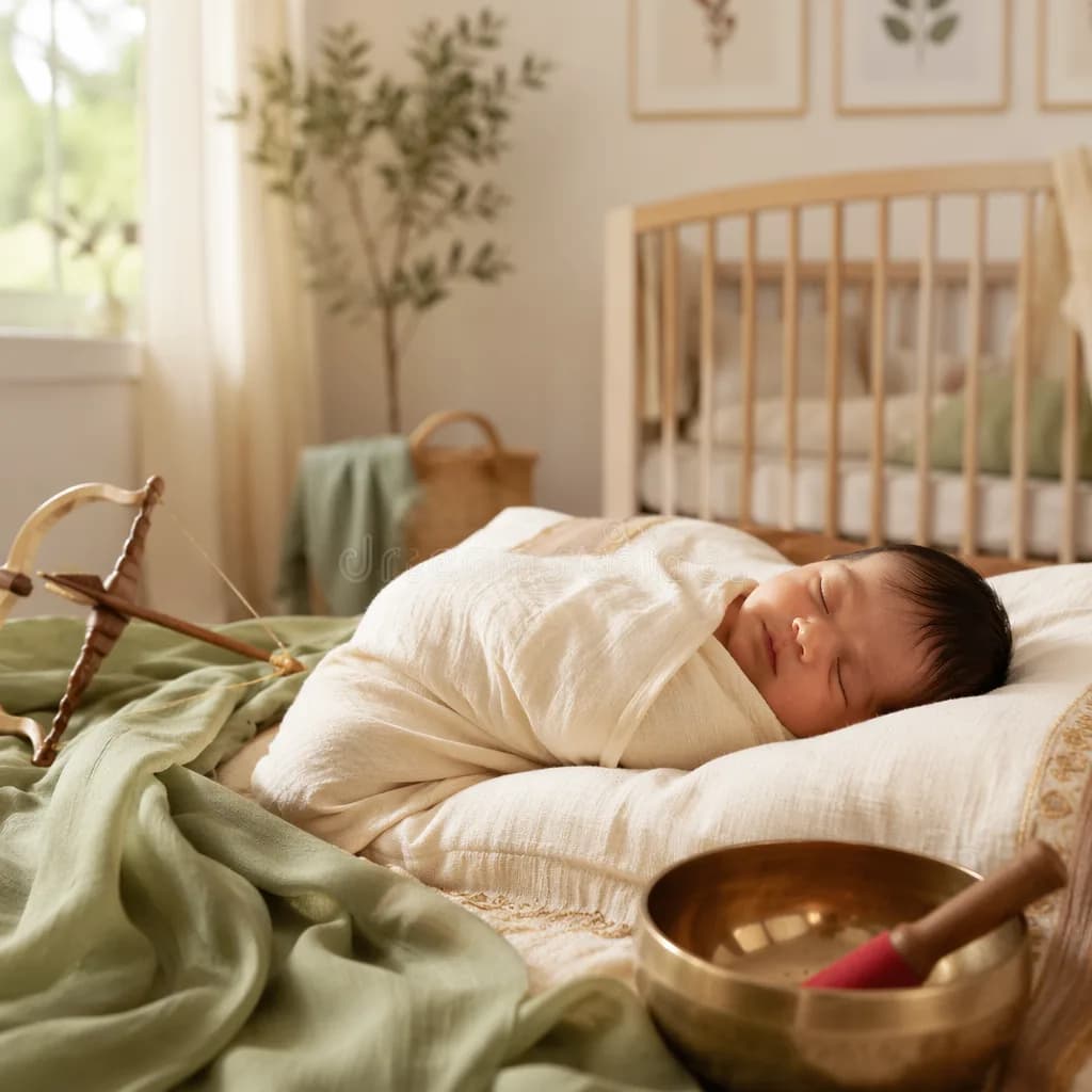Sleeping swaddled baby in a soft pastel nursery with Indian-inspired symbolic toys.