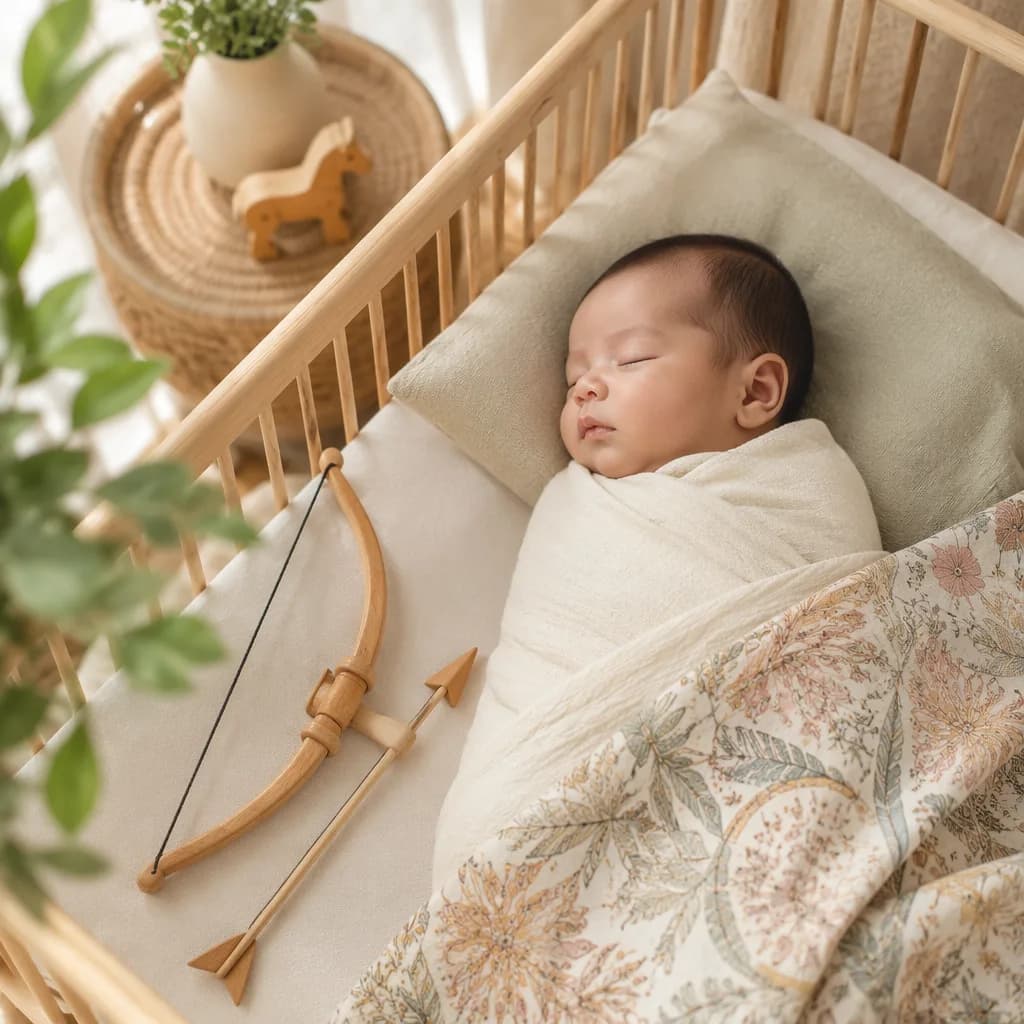 Peaceful Indonesian nursery with a swaddled baby, soft batik blanket, and wooden toy bow.
