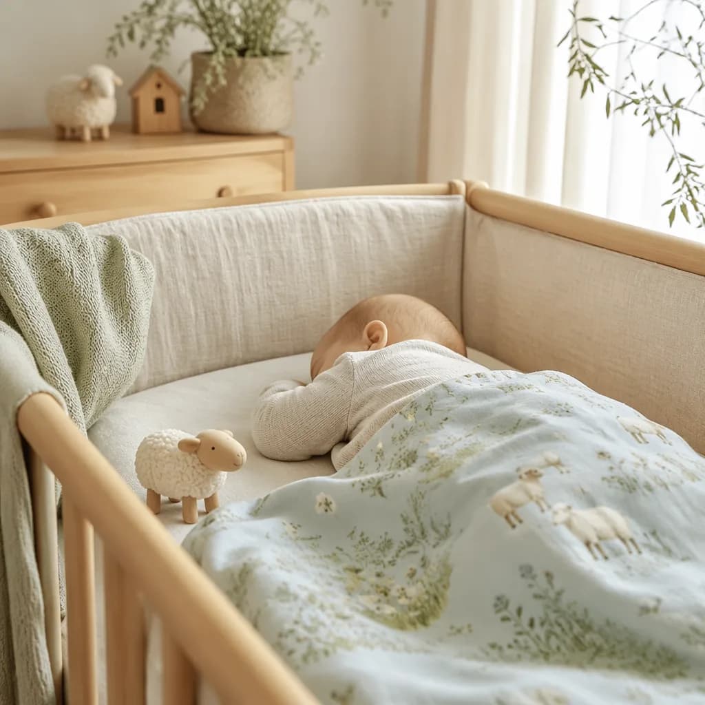 Peaceful pastel nursery with a sleeping baby and pastoral wooden toys.
