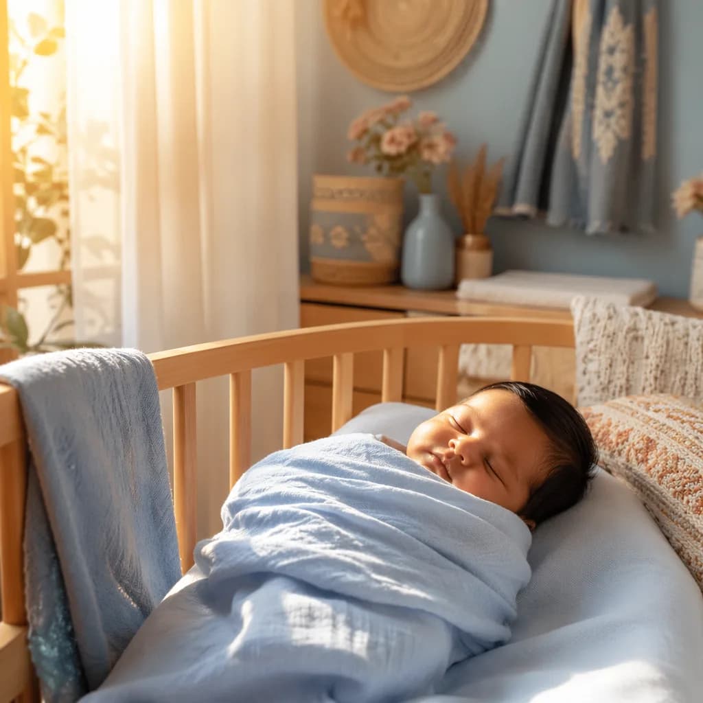 Sleeping baby in a soft blue blanket with warm sunlight in a cozy nursery.