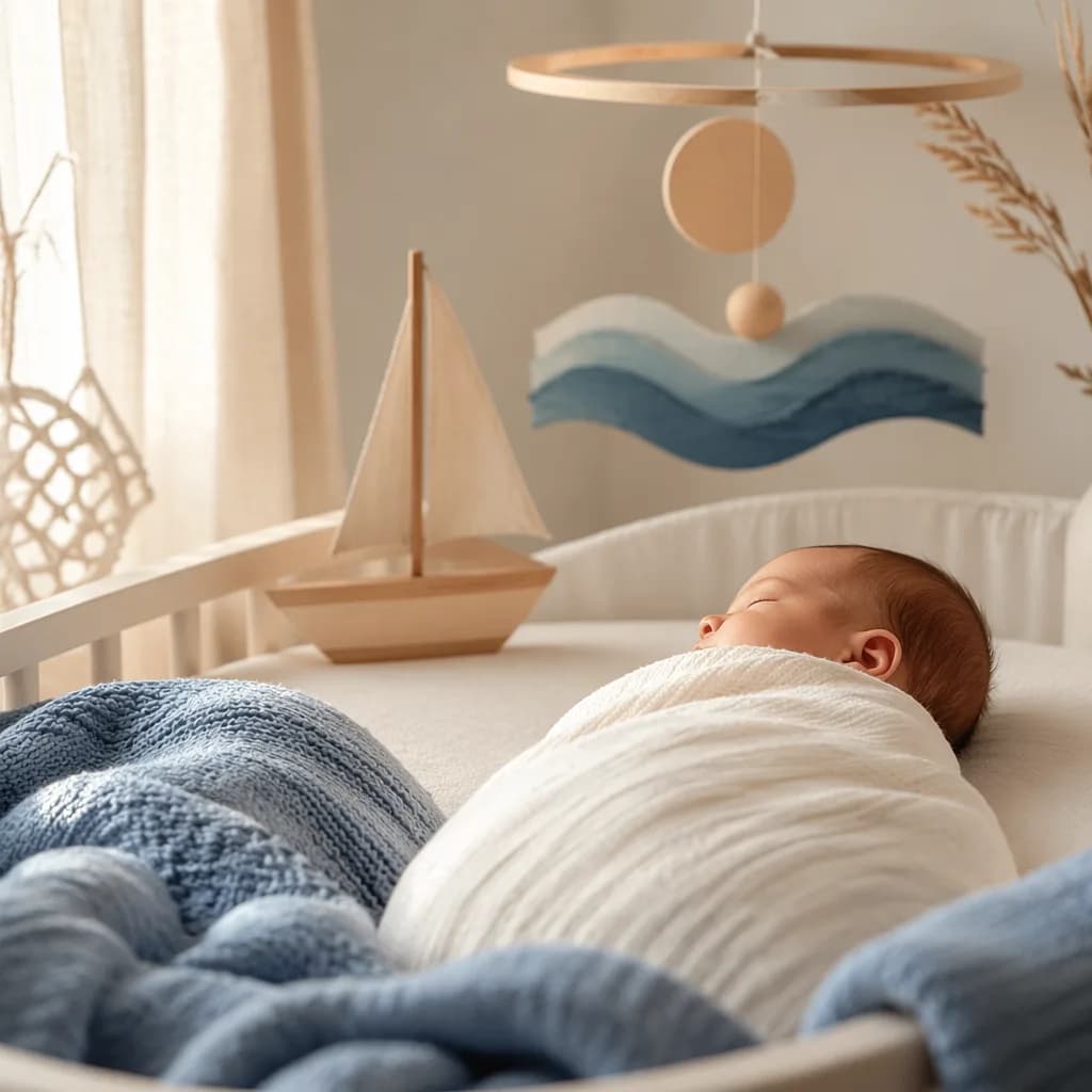 Sleeping baby in a soft pastel nursery with ocean-inspired decor and a gentle guiding motif.