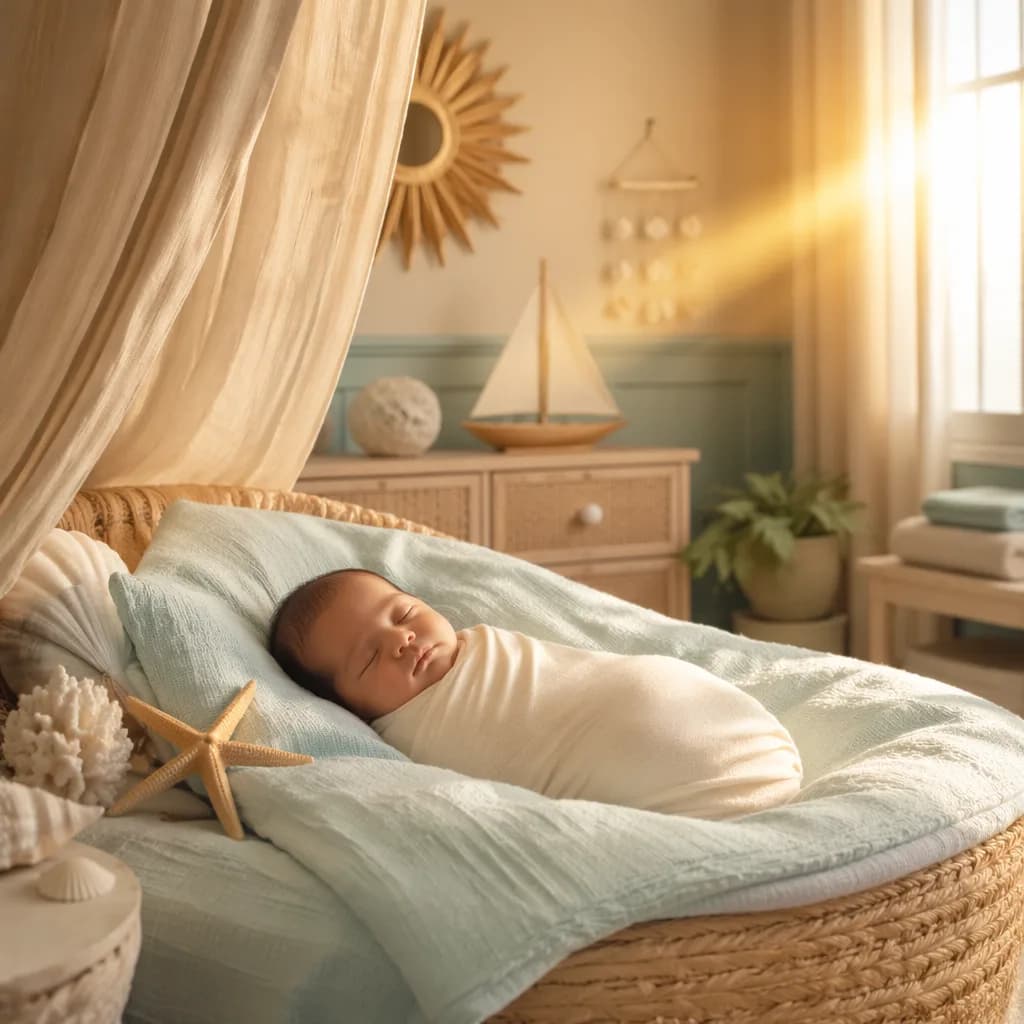 Sleeping baby in a soft pastel nursery with ocean decor and warm sunlight.