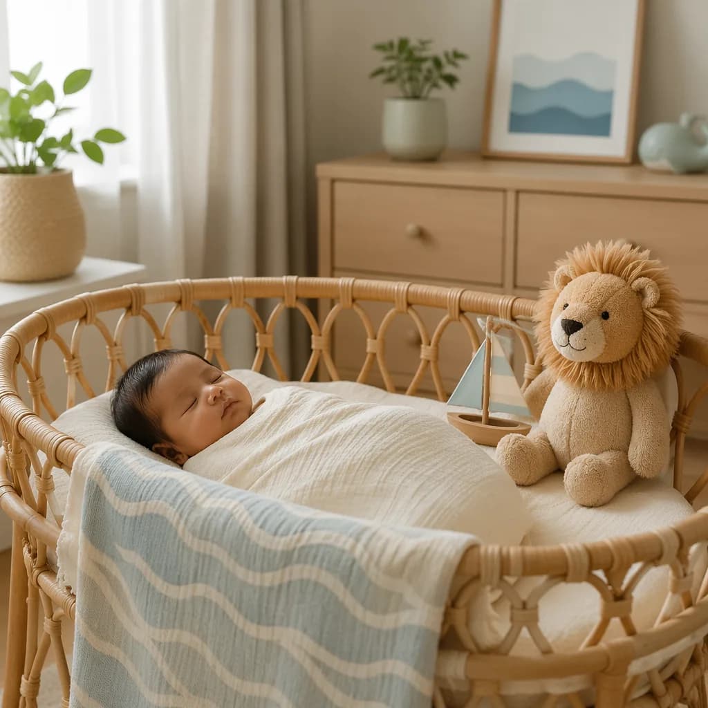 Peaceful Indian baby in a soft nursery with ocean and bravery-inspired accents.
